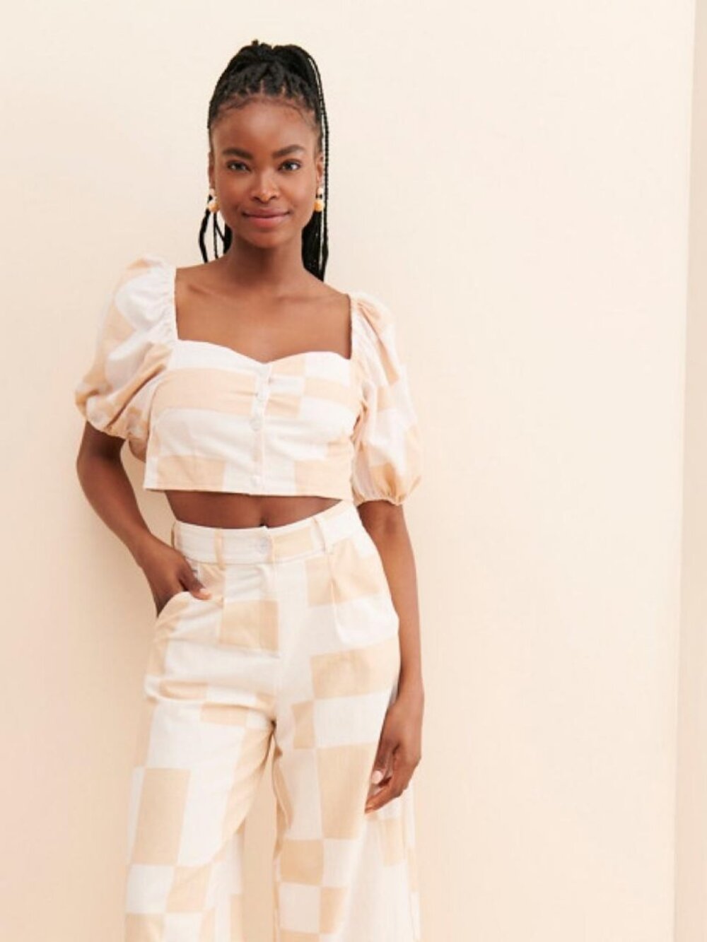 Girl & the Sun Mimi cream and beige checkered crop top size S